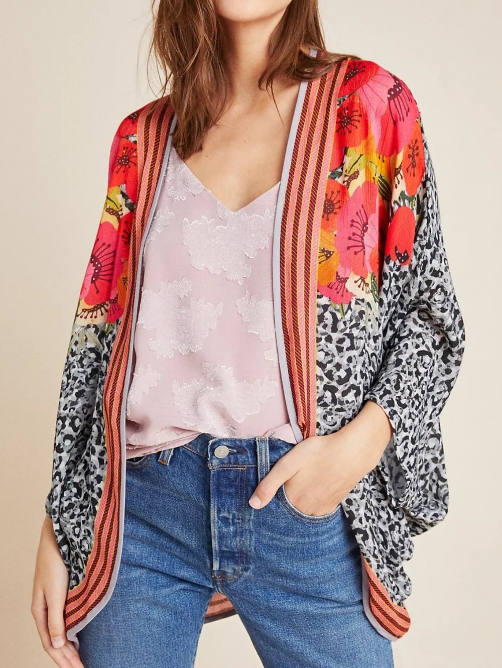 Anthropologie NEW Bl^nk London Cocoon Kimono Gray Pink Mixed Floral SZ OS Boho